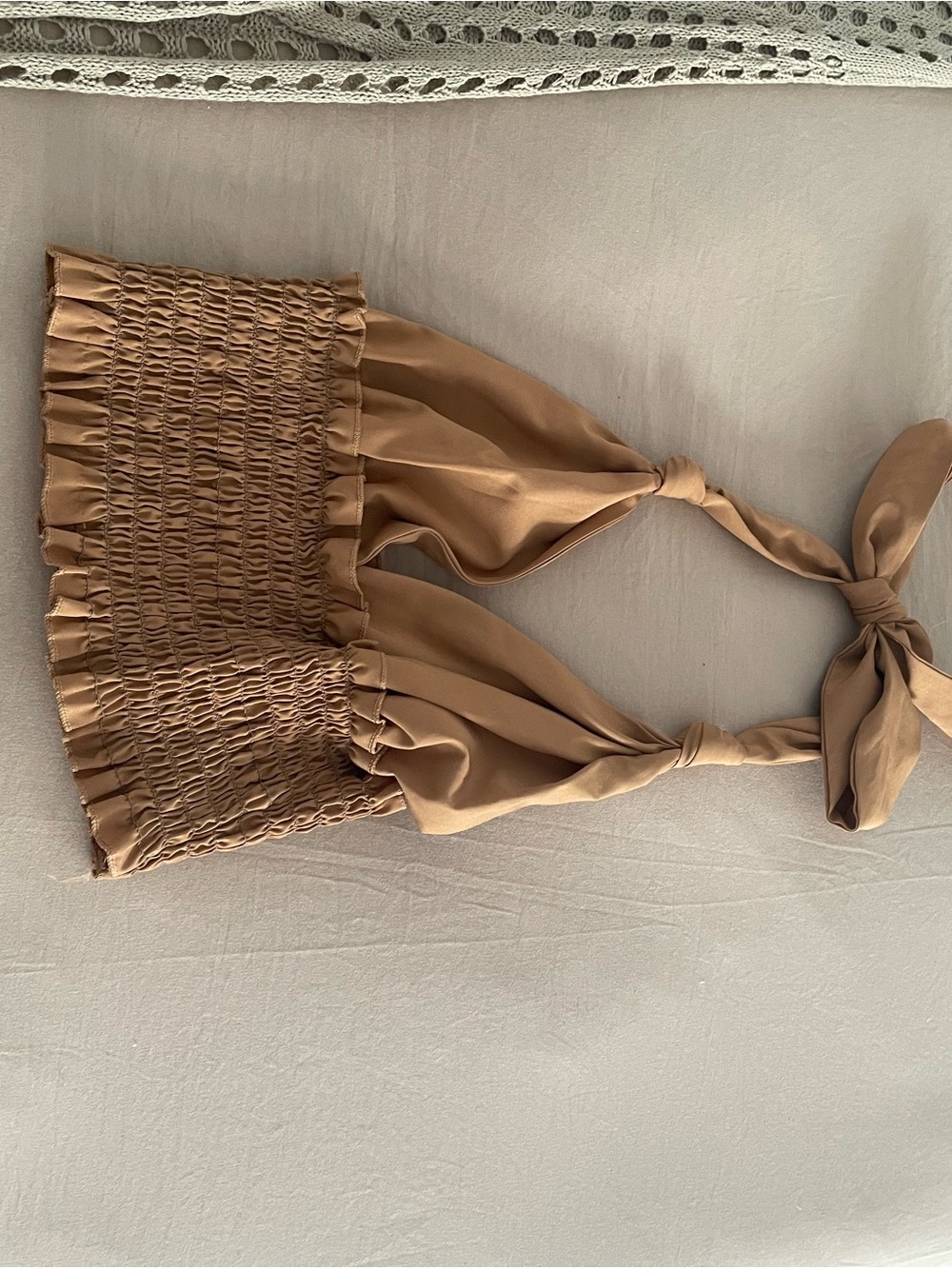 Smocked Tie-Strap Crop Top in Camel